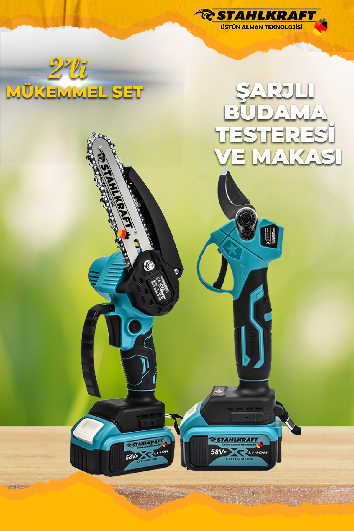 STAHLKRAFT STH 9980 M 2 Li Set 58Vf Makas & Akülü Dal Budama Testeresi 2 pala 2 zincir Şarjlı